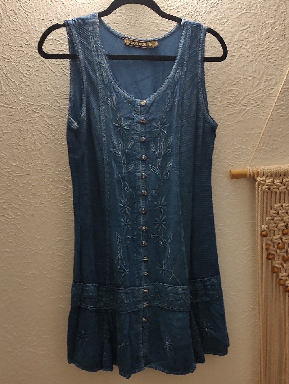 raya sun Blue Embroidered Button-Front Sleeveless Dress